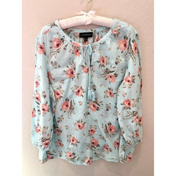LANE BRYANT | Light Blue Cottage Floral Romantic Cotton Peasant Blouse | 18 - Picture 1 of 7